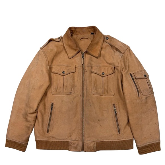 Roundtree & Yorke Mens L Genuine Leather Bomber Jacket Tan Diamond Quilted Liner